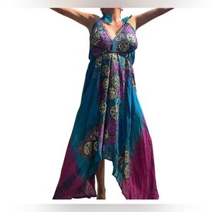 Urban Nomad Teal Flowing Style Multicolor Floral Print Mid Dress S/M